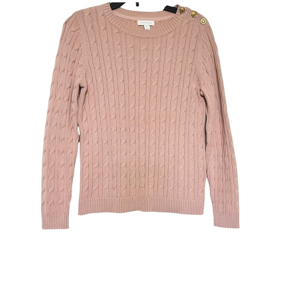 Charter Club Women Minimalist Pink Cable Knit Gold Button Preppy Sweater Medium